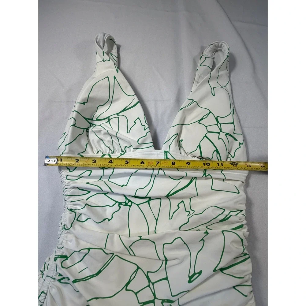 DKNY Womens Medium White Green Abstract Ruched One Piece Swimsuit V-Neck SideTie - Picture 4 of 6